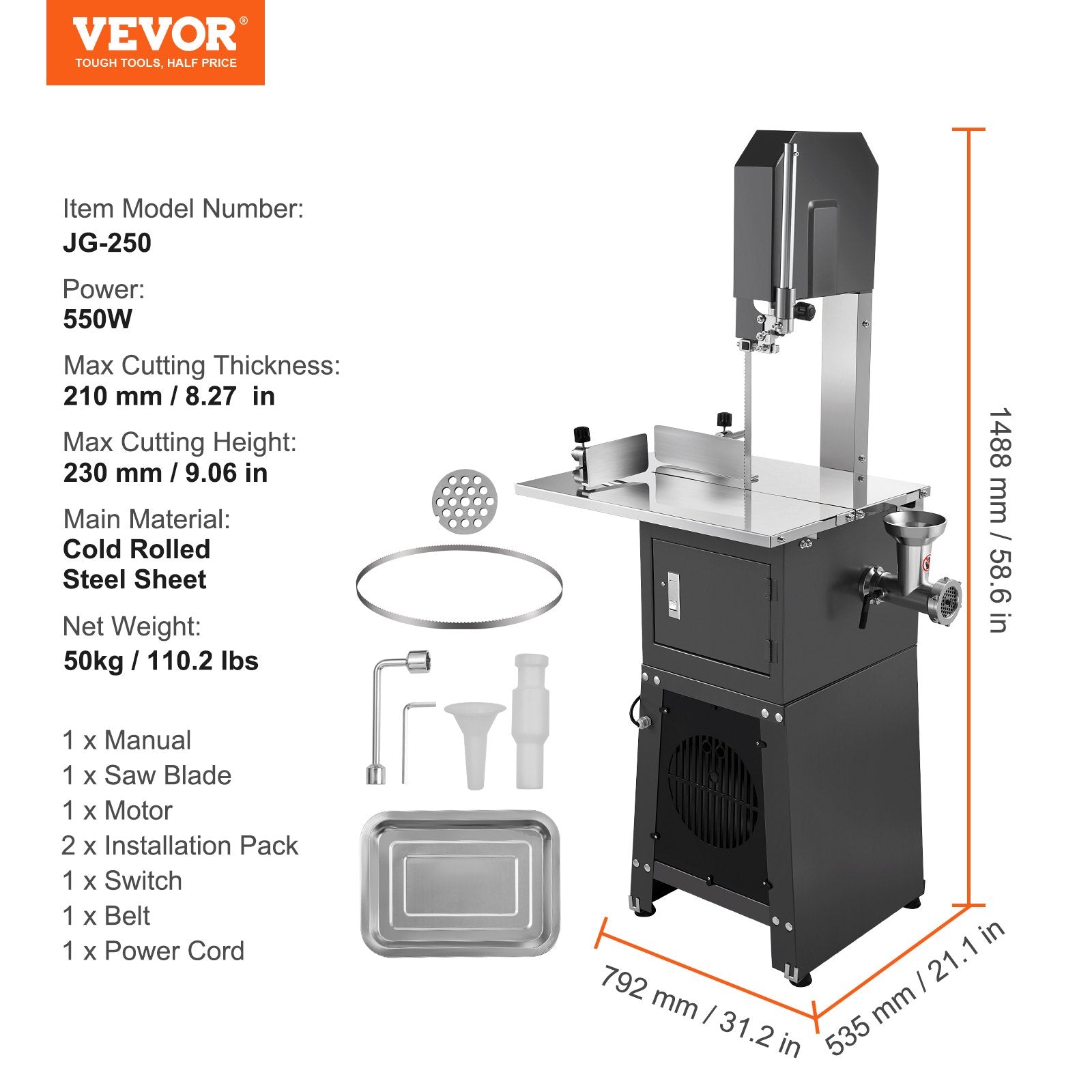 550W Commercial Electric Meat Bandsaw Stainless Steel Bone Sawing Machine