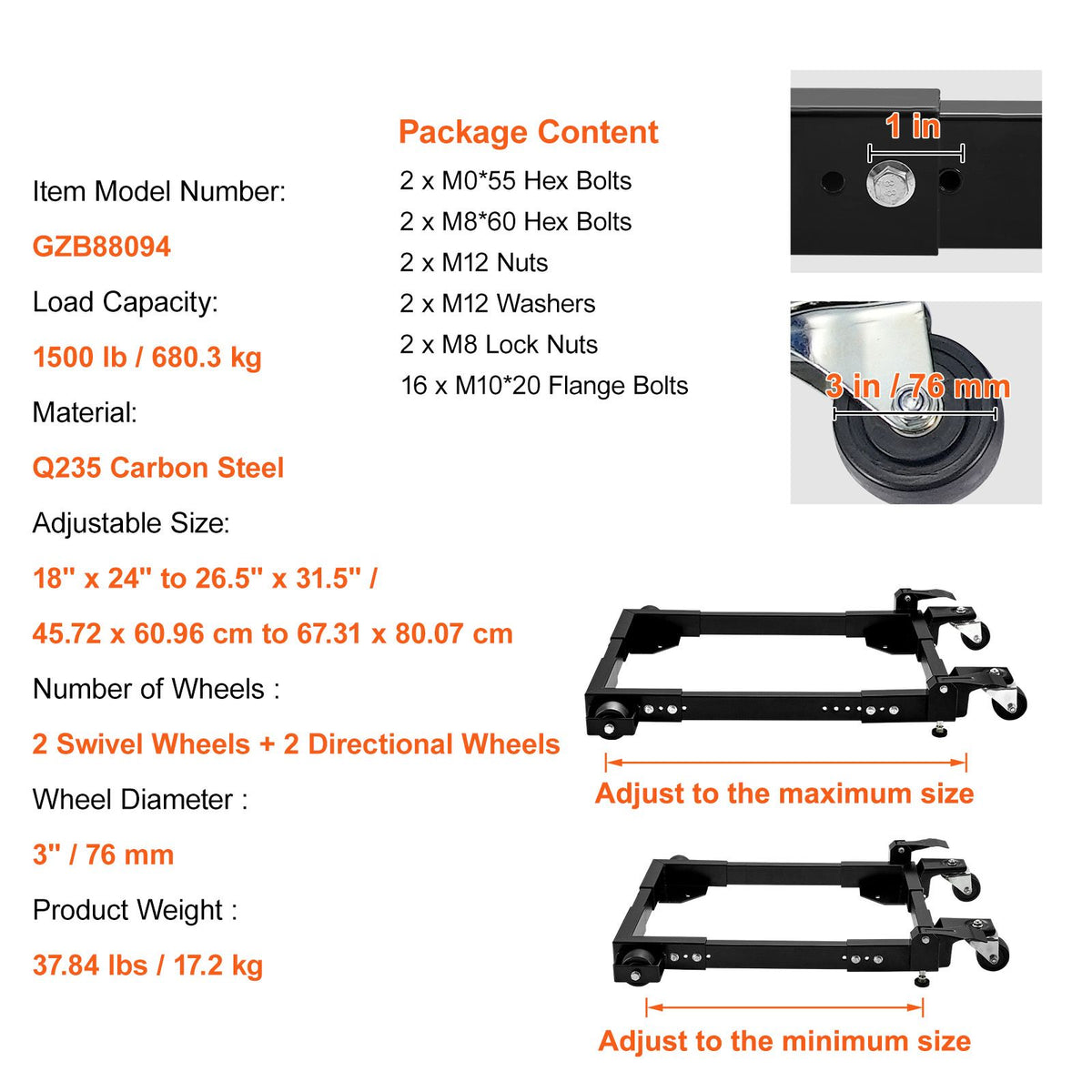Mobile Base, 680.3 kg Capacity, Adjustable from 457.2 x 609.6 mm to 673.1 x 800.7 mm, Heavy Duty Universal Mobile Base Stand with Swivel Wheels, for Woodworking Equipment, Bandsaw, Power Tools