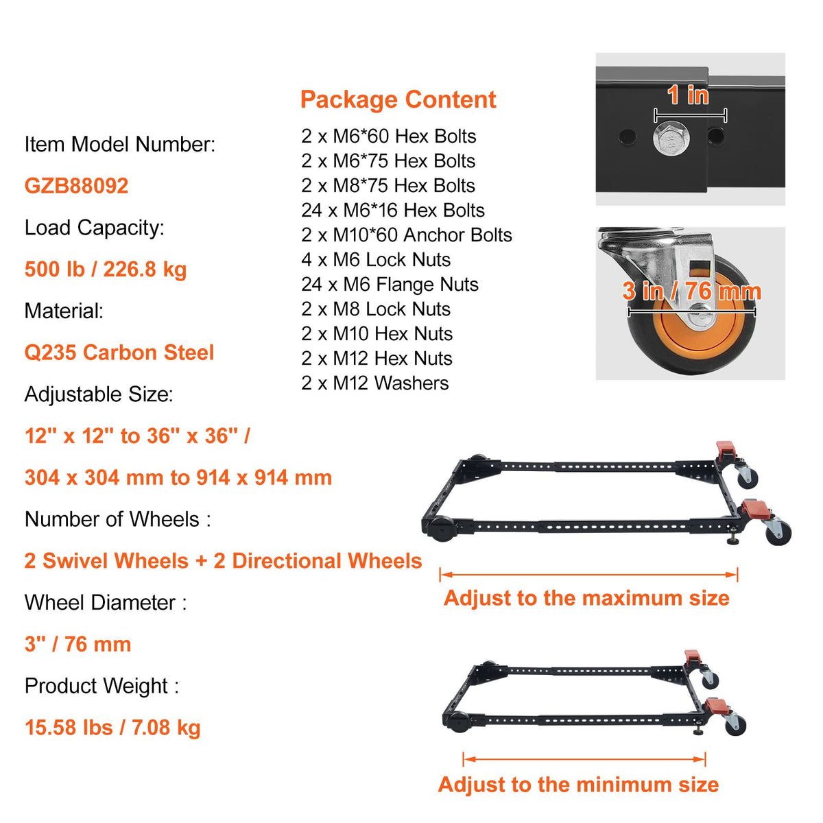 Mobile Base, 226.8 kg Capacity, Adjustable from 304 x 304 mm to 914 x 914 mm, Heavy Duty Universal Mobile Base Stand with Swivel Wheels, for Woodworking Equipment, Bandsaw, Power Tools, Machines