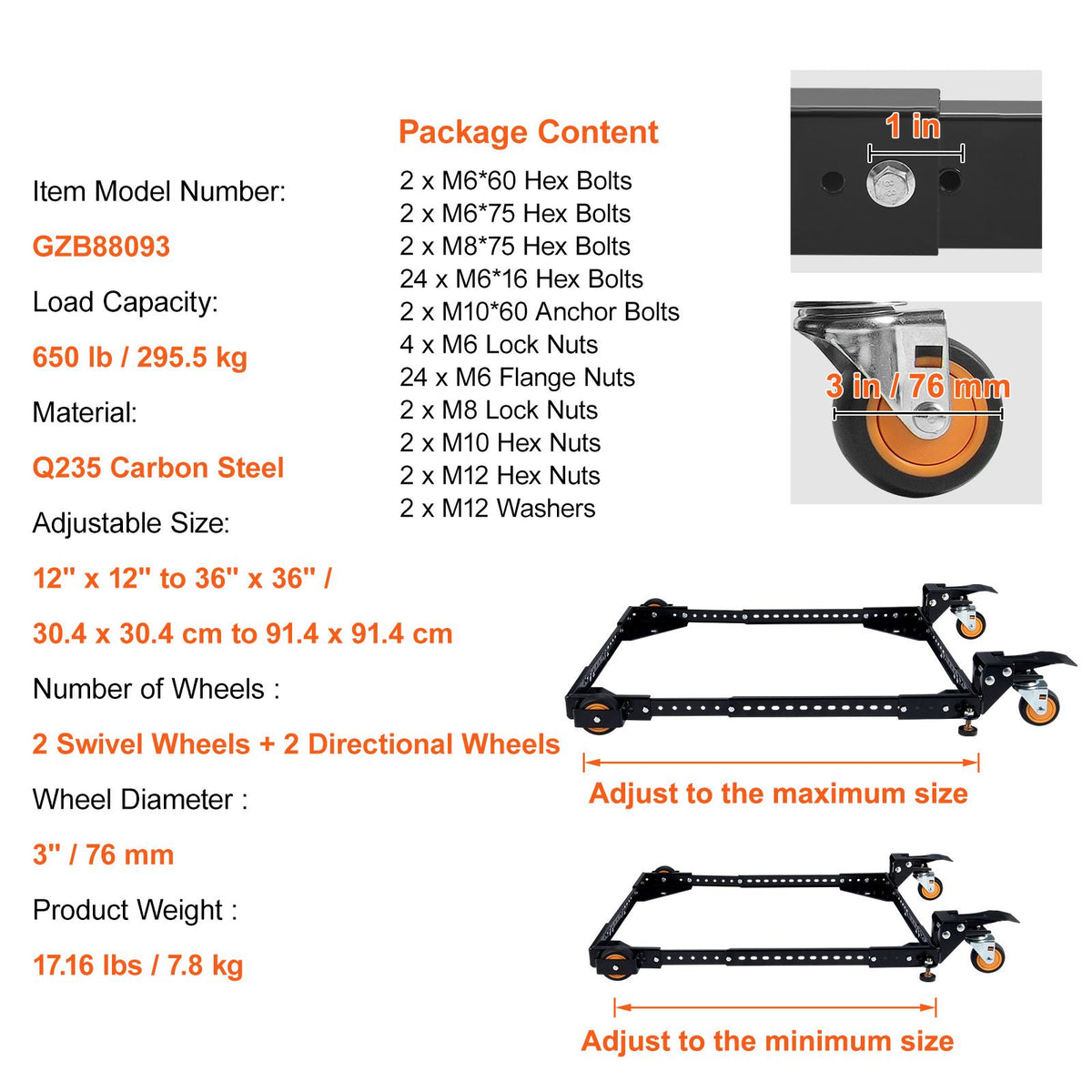 Mobile Base, 295.5 kg Capacity, Adjustable from 304 x 304 mm to 914 x 914 mm, Heavy Duty Universal Mobile Base Stand with Swivel Wheels, for Woodworking Equipment, Bandsaw, Power Tools, Machines