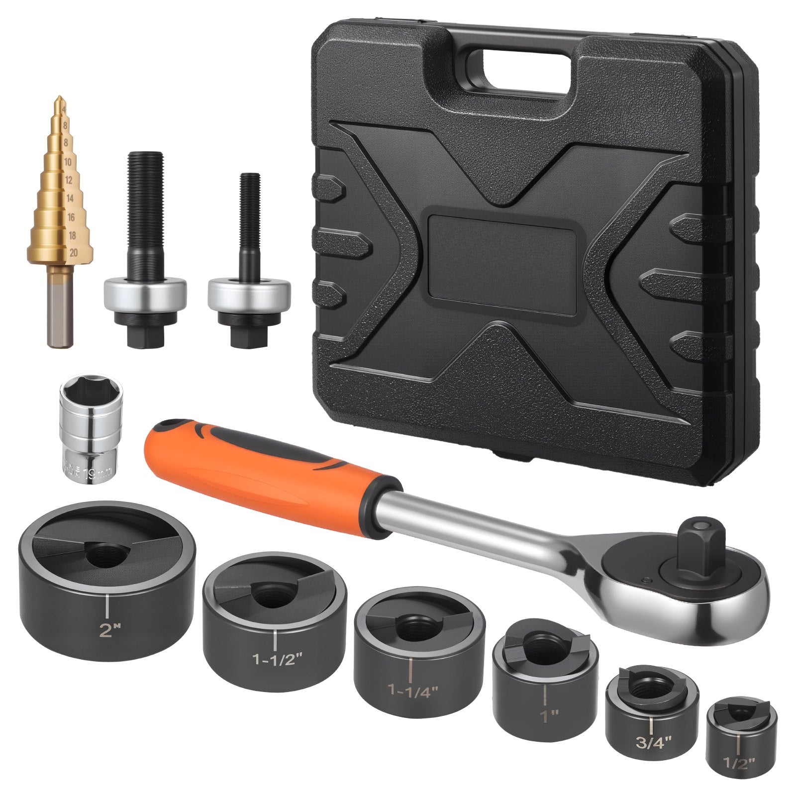 Knockout Punch Set, 12.7 to 50.8mm SLUG-Buster Ratchet Knockout Set, Ratchet Wrench Knockouts Punch Sets for Aluminum, Mild steel, Fiberglass, Plastics, 6 Die Sizes, 40Cr Steel Ko Tool Kit