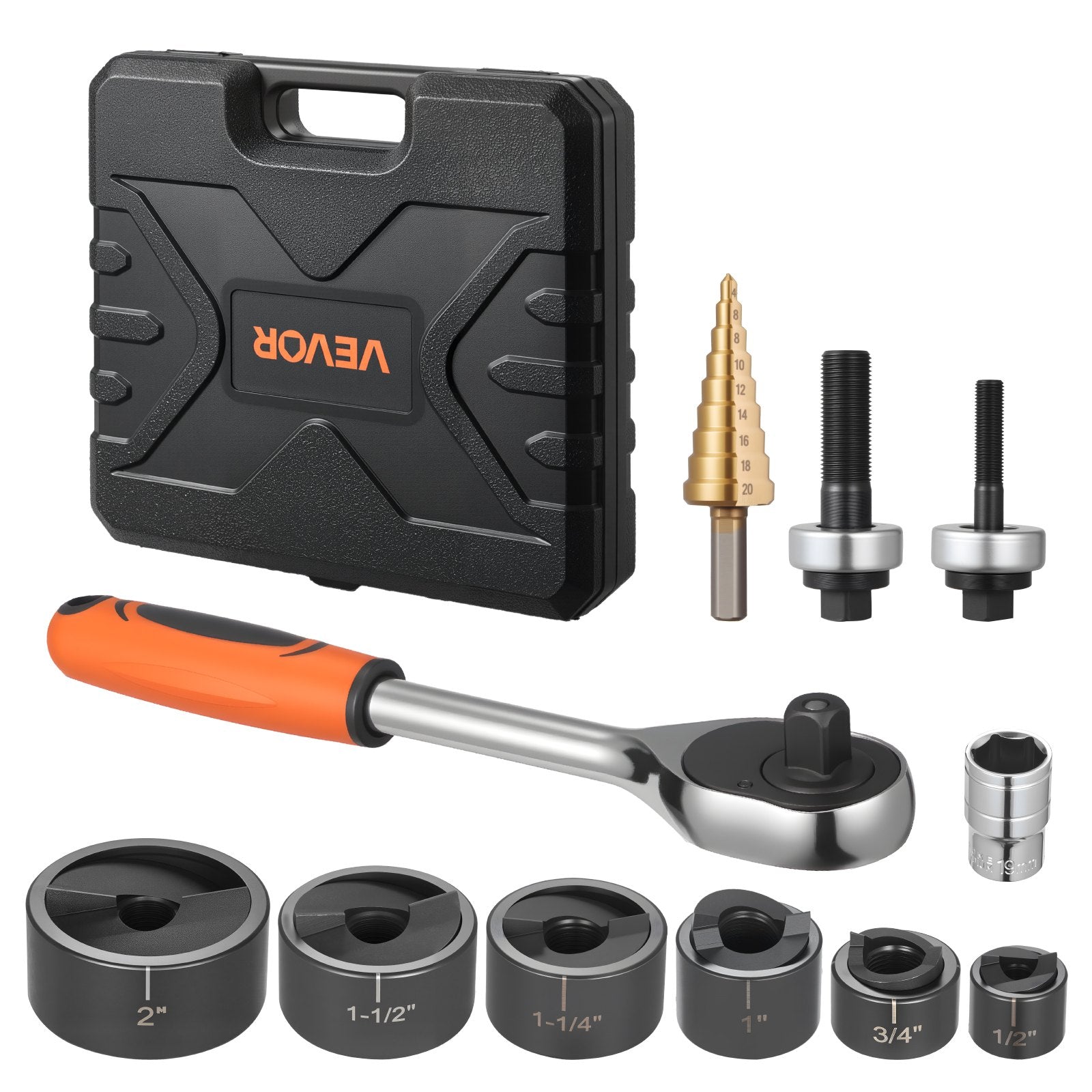 Knockout Punch Set, 12.7 to 50.8mm SLUG-Buster Ratchet Knockout Set, Ratchet Wrench Knockouts Punch Sets for Aluminum, Mild steel, Fiberglass, Plastics, 6 Die Sizes, 40Cr Steel Ko Tool Kit