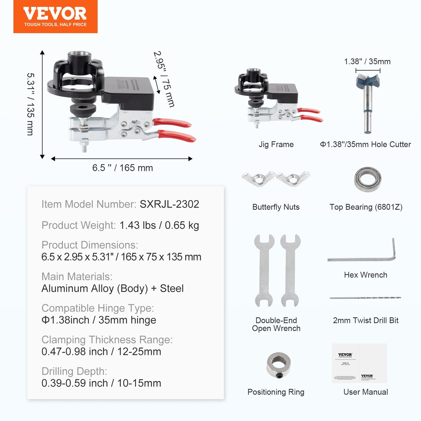 Hand Tools: VEVOR 35 mm Concealed Door Hinge Jig, Aluminum Alloy Cabinet Hinge Jig, Accurate Locking Dual Clamp Fixation Hinge Drill Jig with Accessories, Woodworking Tool for Doors Cabinets Hinges Mounting