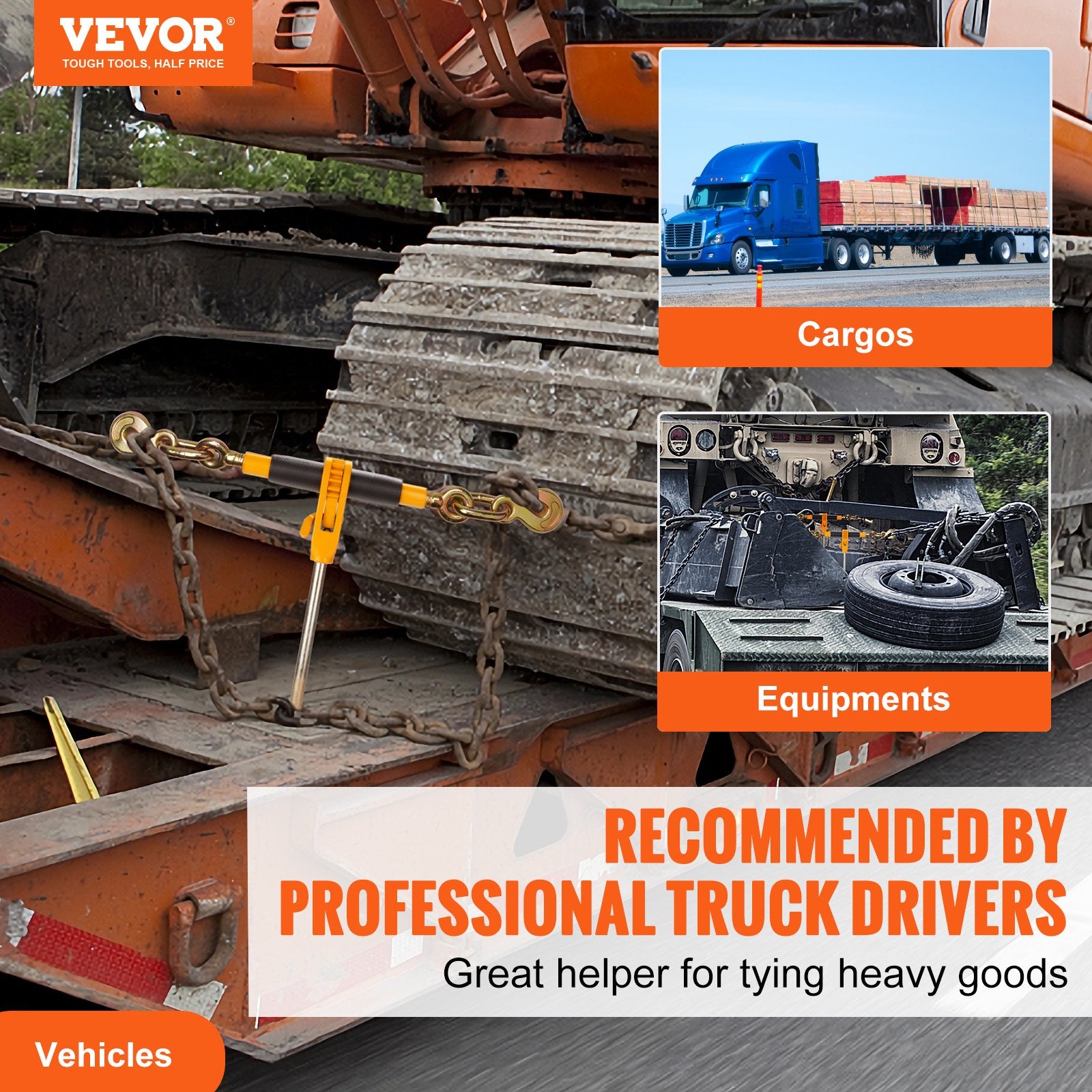 Hand Tools: VEVOR Ratchet Chain Binder, 0.9-1.27 cm Heavy Duty Load Binders, with G80 Hooks 5443 kg Secure Load Limit, Labor-saving Anti-skid Handle, Tie Down Hauling Chain Binders for Flatbed Truck Trailer, 4 Pc