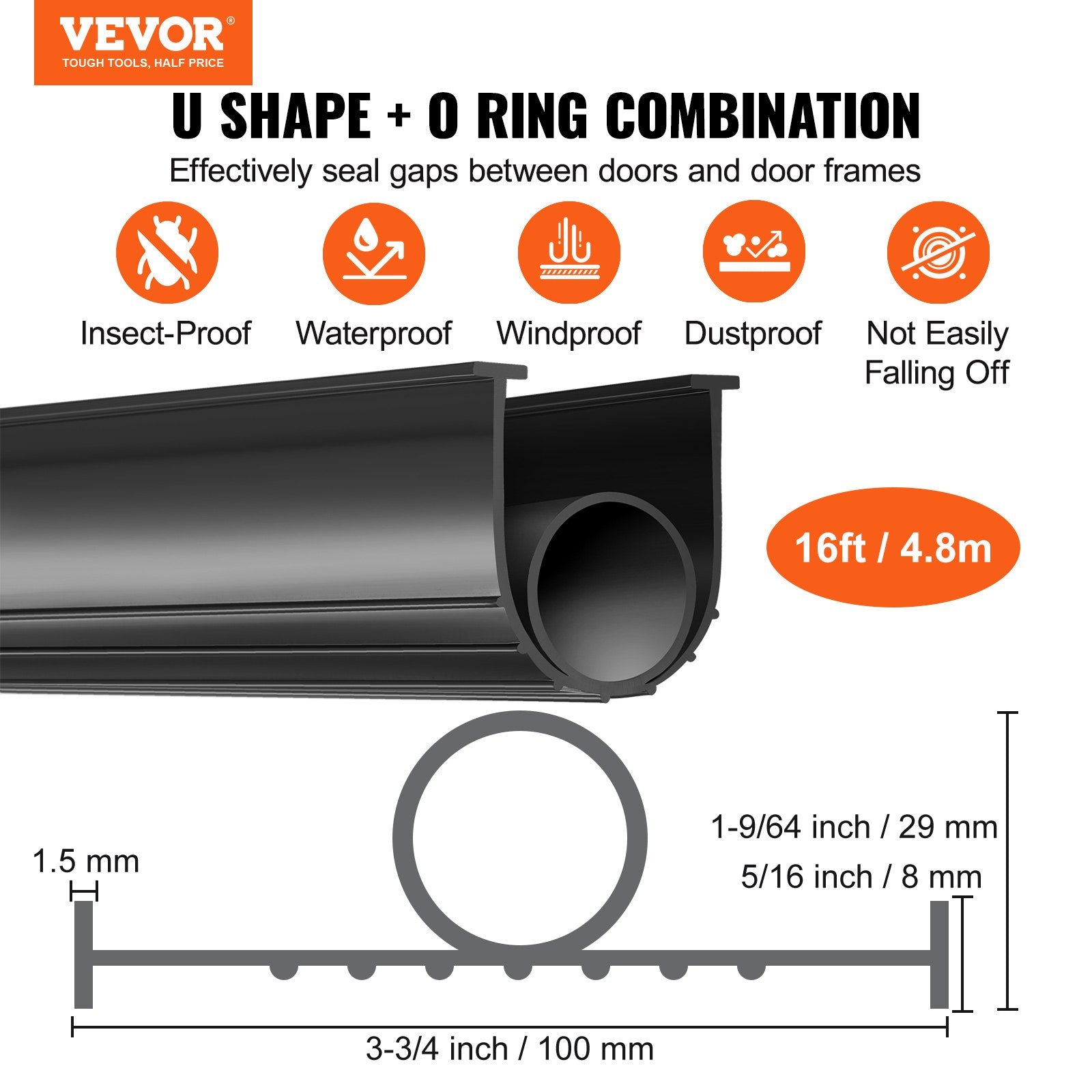 Shipping Supplies: VEVOR Garage Door Seals Bottom Rubber, U Shape +O Ring Combination Garage Door Bottom Weather Seal, 16ft Weatherproofing Garage Door Seal, 5/16 inch T-ends and 3 3/4 inch Width, for Doors, Black