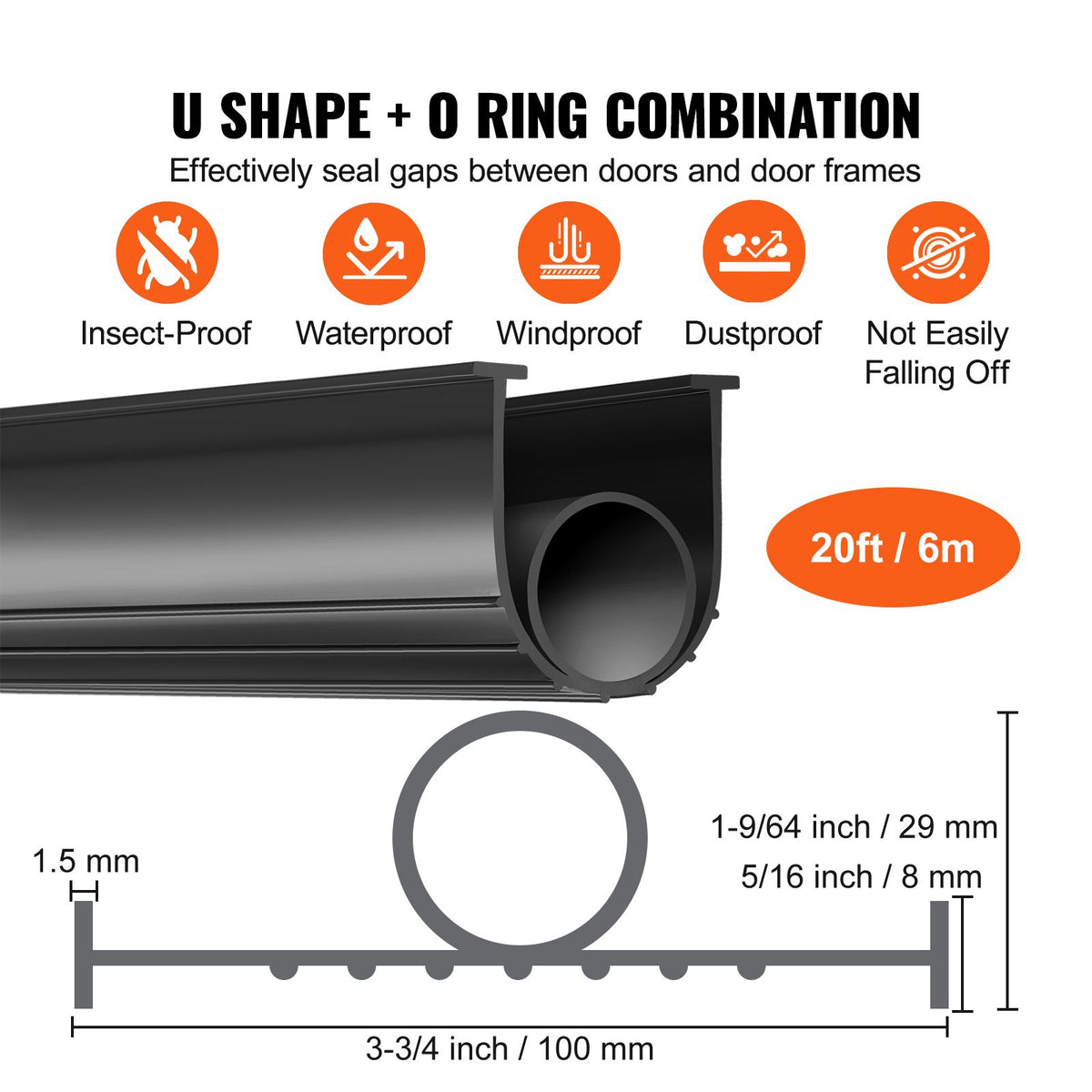 Garage Door Seals Bottom Rubber, U Shape +O Ring Combination Garage Door Bottom Weather Seal, 20ft Weatherproofing Garage Door Seal, 5/16 inch T-ends and 3 3/4 inch Width, for Doors, Black