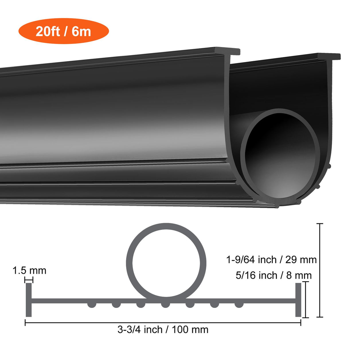 Garage Door Seals Bottom Rubber, U Shape +O Ring Combination Garage Door Bottom Weather Seal, 20ft Weatherproofing Garage Door Seal, 5/16 inch T-ends and 3 3/4 inch Width, for Doors, Black