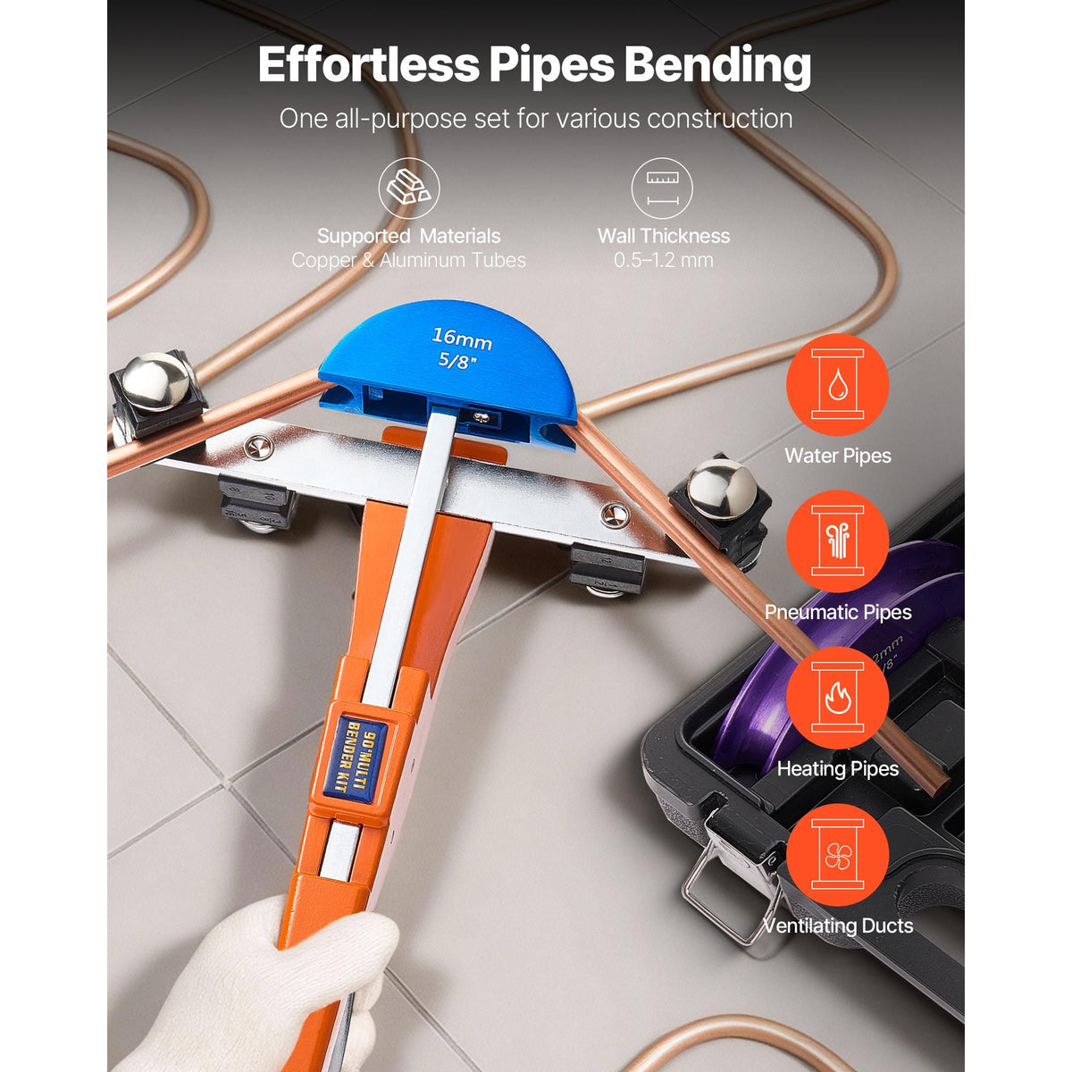 Tubing Bender Kit, 6 mm to 22 mm, Compact Ratcheting Tube Pipe Bender, Forward/Reverse Hand Bending Tool, with 7 Color Aluminium Alloy Dies, for Copper HVAC Air Conditioning Refrigeration Repair