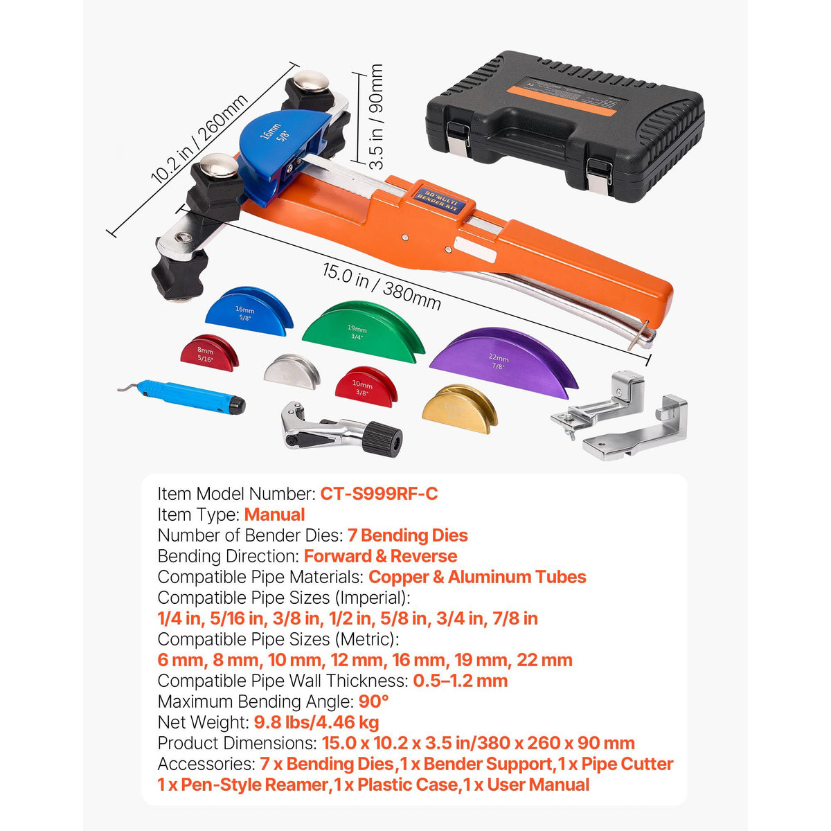 Tubing Bender Kit, 6 mm to 22 mm, Compact Ratcheting Tube Pipe Bender, Forward/Reverse Hand Bending Tool, with 7 Color Aluminium Alloy Dies, for Copper HVAC Air Conditioning Refrigeration Repair