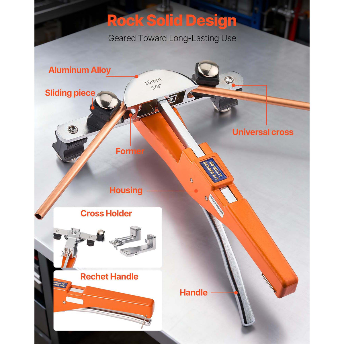 Tubing Bender Kit, 6 mm to 22 mm, Compact Ratcheting Tube Pipe Bender, Forward/Reverse Hand Bending Tool, with 7 Aluminium Alloy Dies, for Copper HVAC Air Conditioning Refrigeration Auto Repair