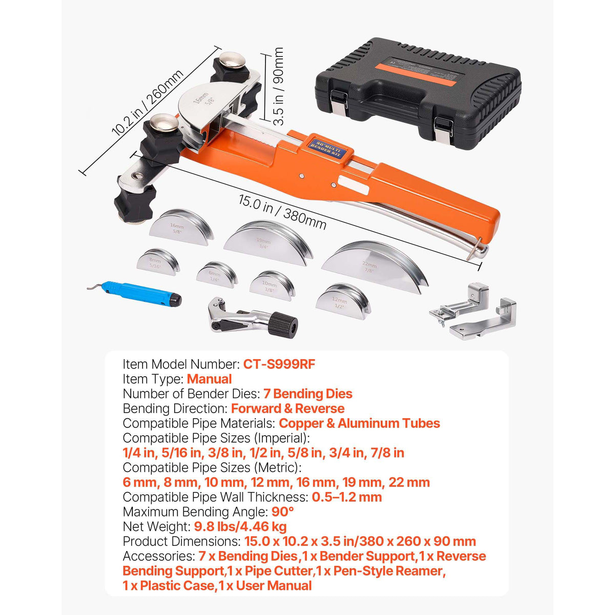 Tubing Bender Kit, 6 mm to 22 mm, Compact Ratcheting Tube Pipe Bender, Forward/Reverse Hand Bending Tool, with 7 Aluminium Alloy Dies, for Copper HVAC Air Conditioning Refrigeration Auto Repair