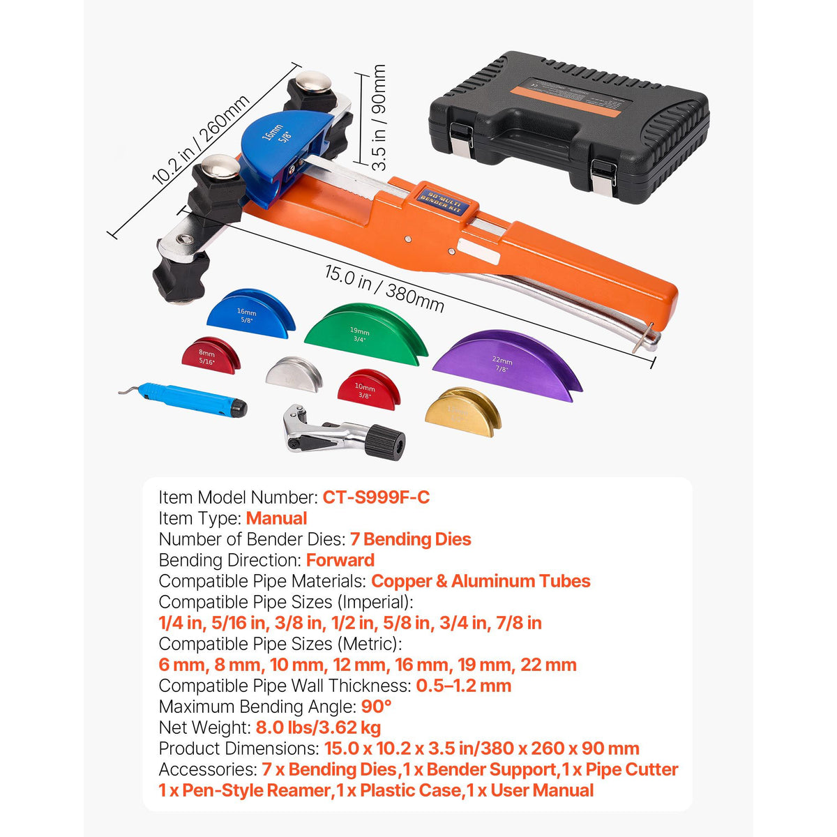 Tubing Bender Kit, 6 mm to 22 mm, Compact Ratcheting Tube Pipe Bender, Ratchet Hand Bending Tool, with 7 Color Aluminium Alloy Dies, HVAC Tools, for Copper HVAC Air Conditioning Refrigeration