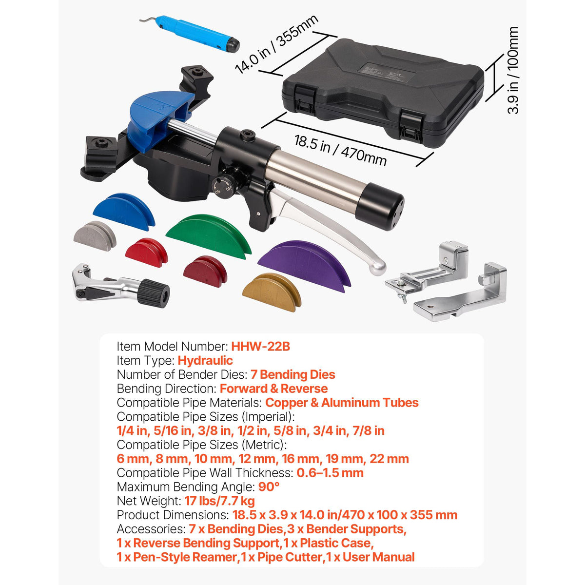 Hydraulic Tubing Bender Kit, 6 mm to 22 mm, Copper Tube Pipe Bender, Forward/Reverse HVAC Bending Tool, with 7 Color Aluminium Alloy Dies, for HVAC Air Conditioning Refrigeration Auto Repair