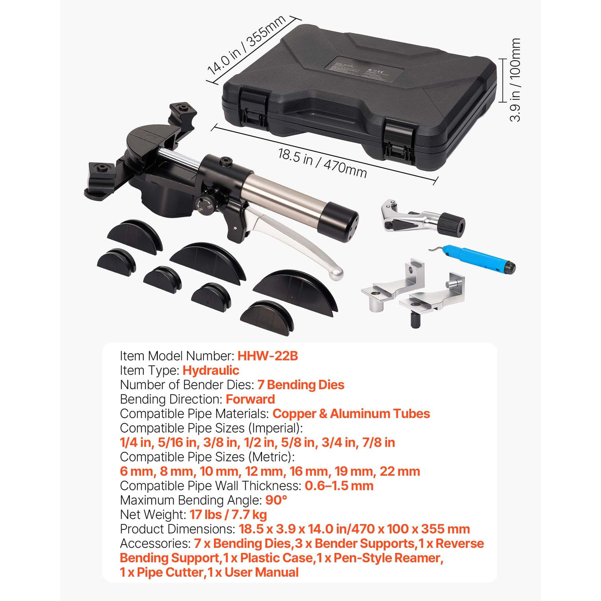 Hydraulic Tubing Bender Kit, 6 mm to 22 mm, Copper Tube Pipe Bender, Forward/Reverse HVAC Bending Tool Set, with 7 Aluminium Alloy Dies, for HVAC Air Conditioning Refrigeration Automotive Repair