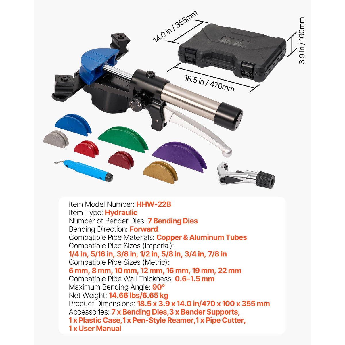 Hydraulic Tubing Bender Kit, 6 mm to 22 mm, Copper Tube Pipe Bender, HVAC Bending Tool Set, 90° Bend, with 7 Color Aluminium Alloy Dies, for HVAC Air Conditioning Refrigeration Automotive Repair