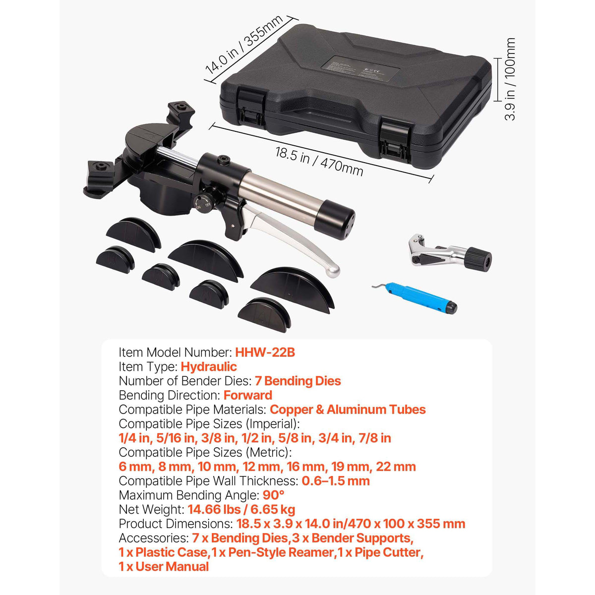 Hydraulic Tubing Bender Kit, 6 mm to 22 mm, Copper Tube Pipe Bender, HVAC Bending Tool Set, 90° Bend, with 7 Aluminium Alloy Dies, for HVAC Air Conditioning Refrigeration Automotive Auto Repair