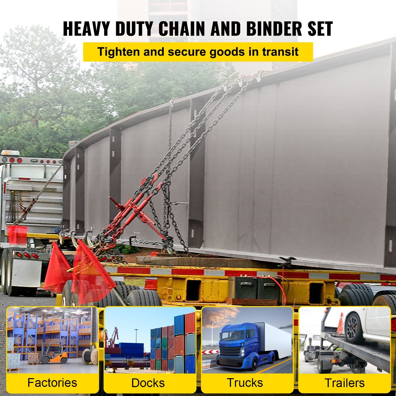Hand Tools: VEVOR Chain Load Binder, 8 mm Tie Down Kit with 3 Ton Working Load Capacity and Two Grab Hooks, Includes (4) Ratchet Binders - (4) 6.4 m Grade 80 Chains, Transport Load Package for Hauling, Towing