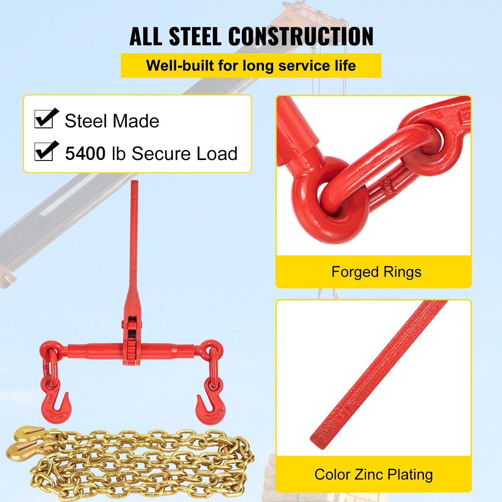 Hand Tools: VEVOR Chain Load Binder, 8 mm Tie Down Kit with 3 Ton Working Load Capacity and Two Grab Hooks, Includes (4) Ratchet Binders - (4) 6.4 m Grade 80 Chains, Transport Load Package for Hauling, Towing