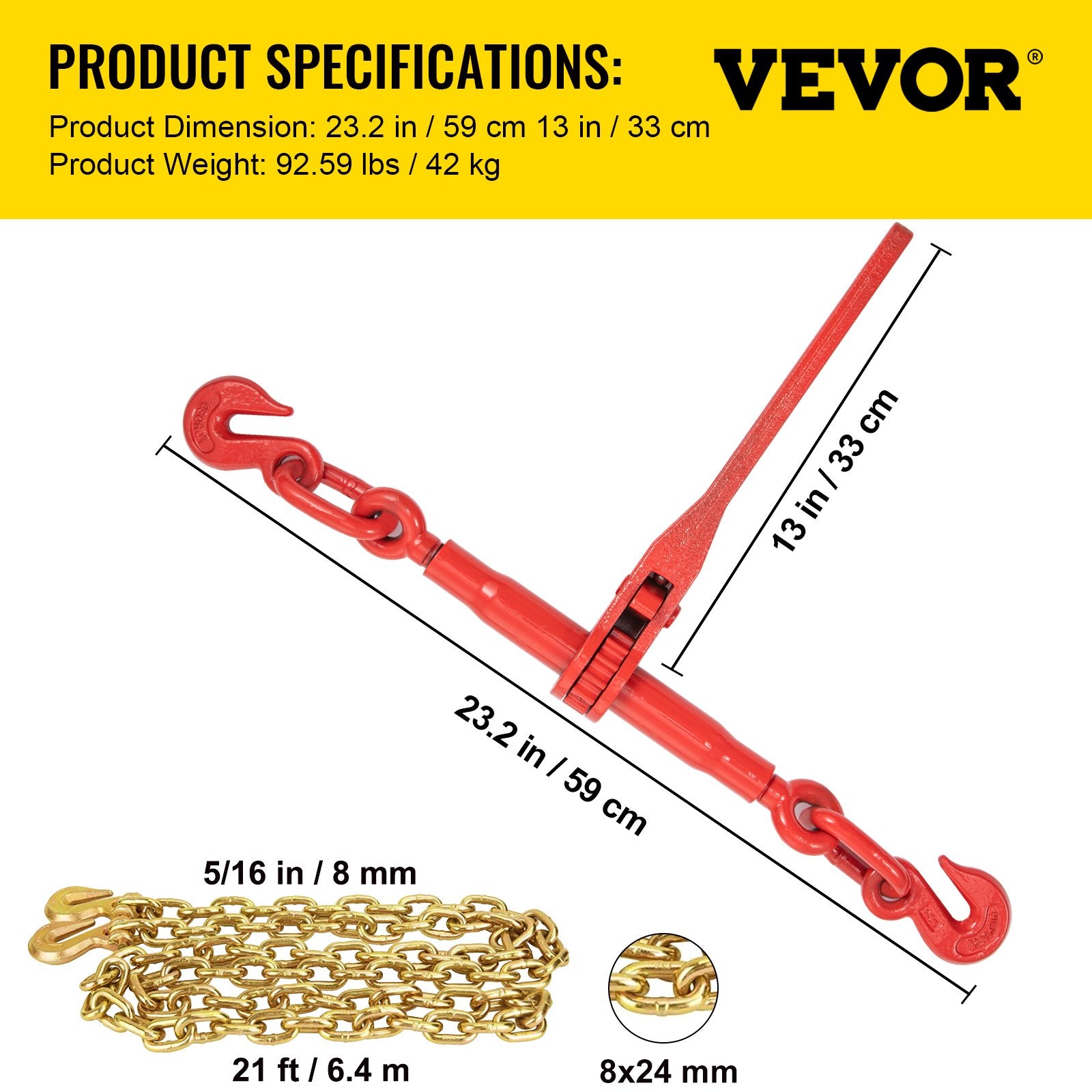 Hand Tools: VEVOR Chain Load Binder, 8 mm Tie Down Kit with 3 Ton Working Load Capacity and Two Grab Hooks, Includes (4) Ratchet Binders - (4) 6.4 m Grade 80 Chains, Transport Load Package for Hauling, Towing