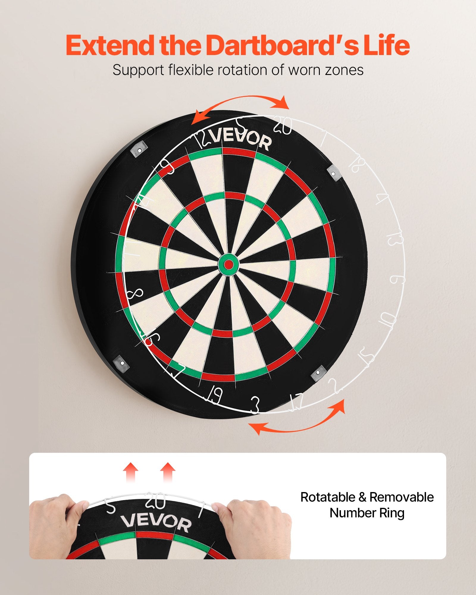 Dart Board, High-Grade Self-Healing Sisal Fiber Dartboard with Staple-Free Bullseye, Blade Wire & Rotating Number Ring, 450mm Professional Dartboard for Home Party Game Room (Darts Not Included)