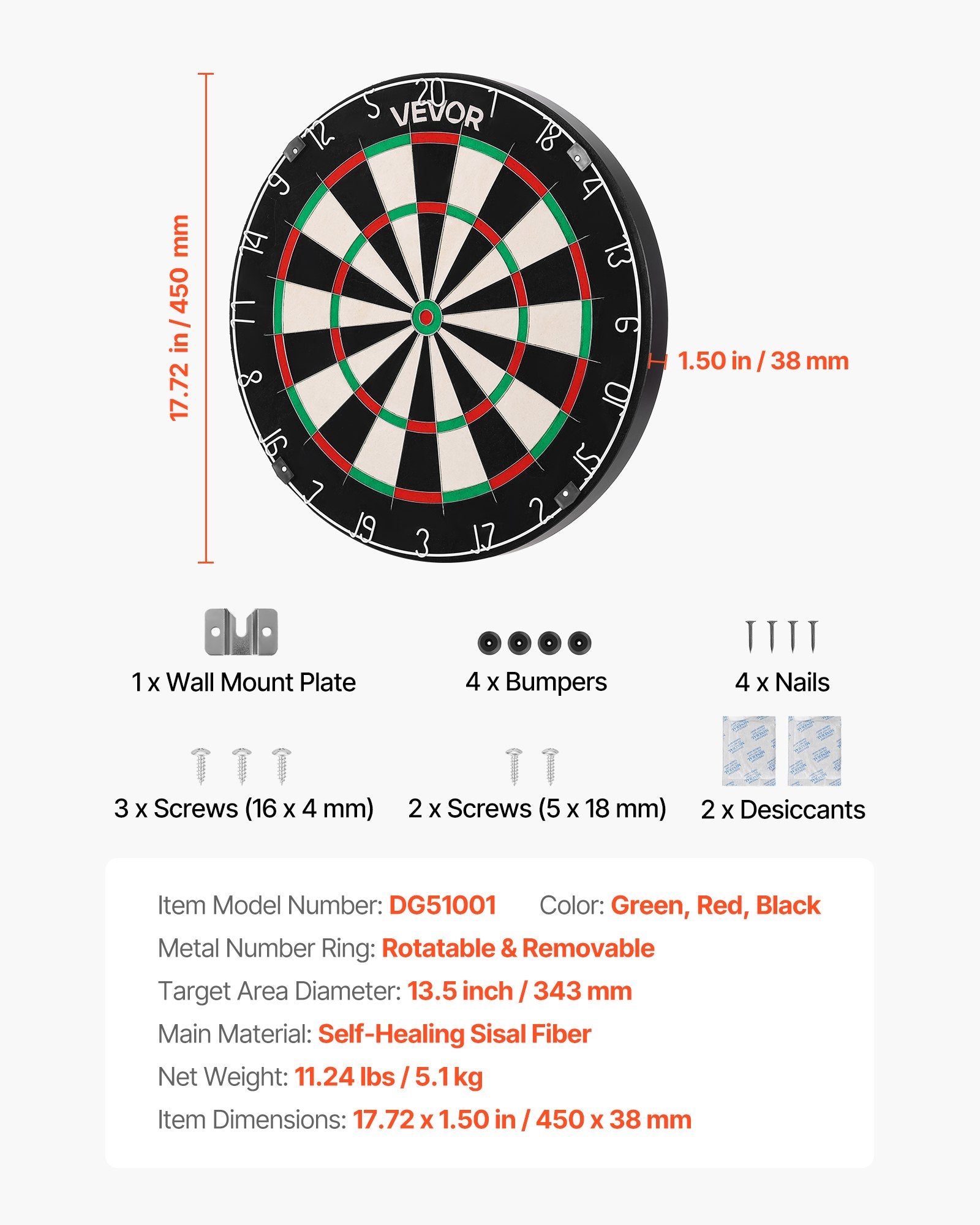 Dart Board, High-Grade Self-Healing Sisal Fiber Dartboard with Staple-Free Bullseye, Blade Wire & Rotating Number Ring, 450mm Professional Dartboard for Home Party Game Room (Darts Not Included)