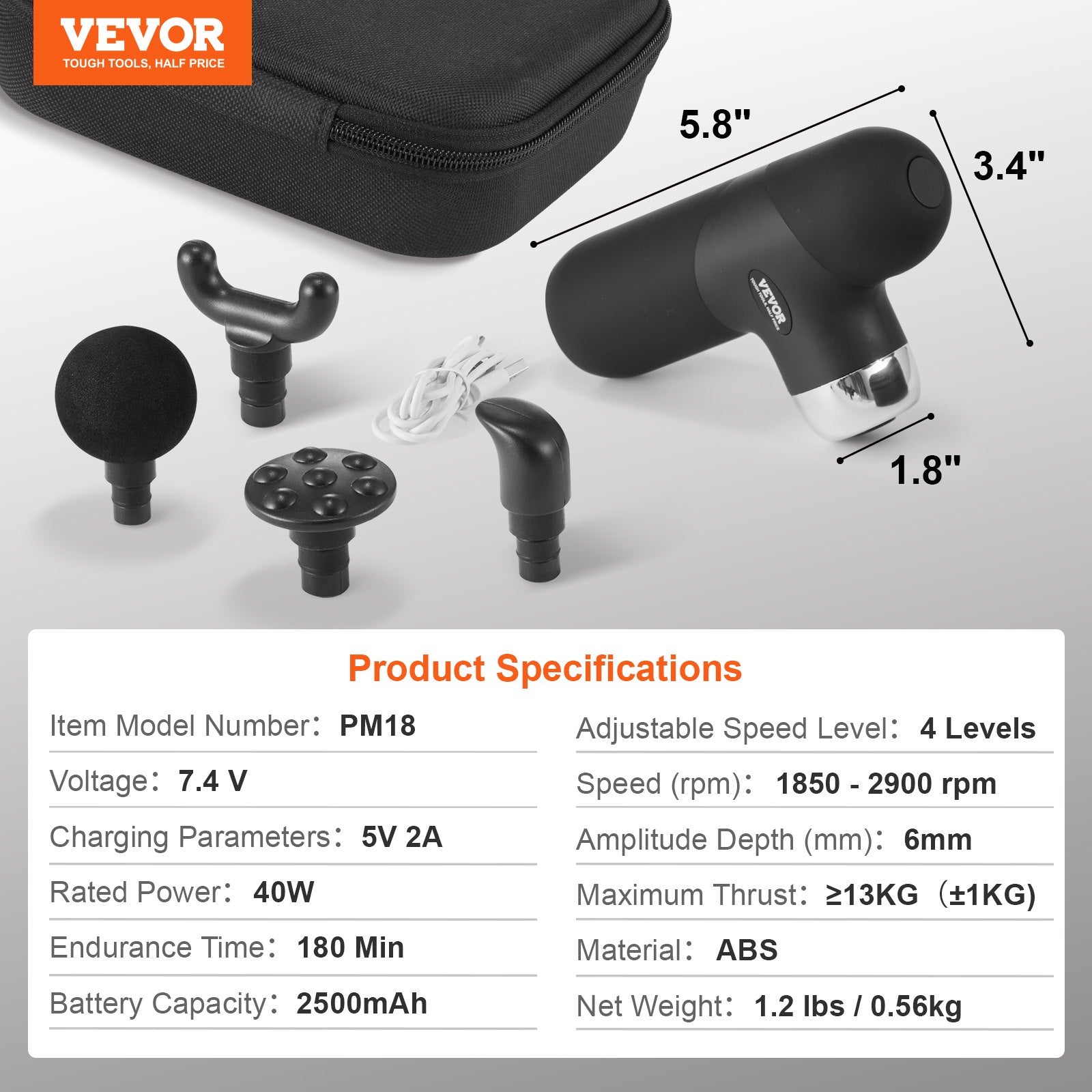 Massagers: VEVOR Massage Gun Deep Tissue, Percussion Muscle Massager for Athletes - with 4 Speed Levels & 4 Massage Heads, 7.4V 2500mAh Batteries, Handheld Mini Massage Gun for Pain Relief, Muscle Relaxation