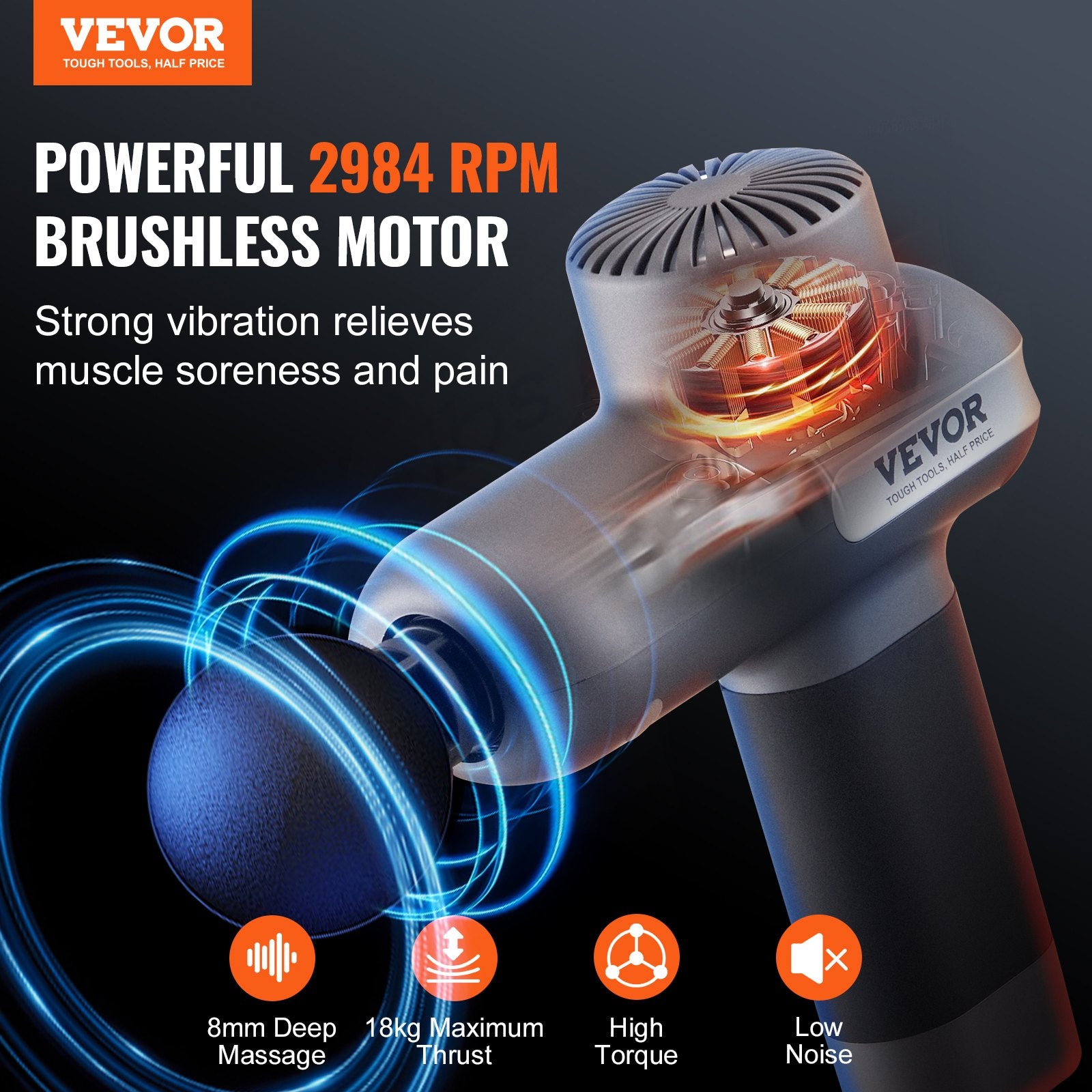 Massagers: VEVOR Massage Gun Deep Tissue, Percussion Muscle Massager for Athletes - with 5 Speed Levels & 6 Massage Heads, 7.4V 2500mAh Batteries, Handheld Electric Massage Gun for Pain Relief, Muscle Relaxation