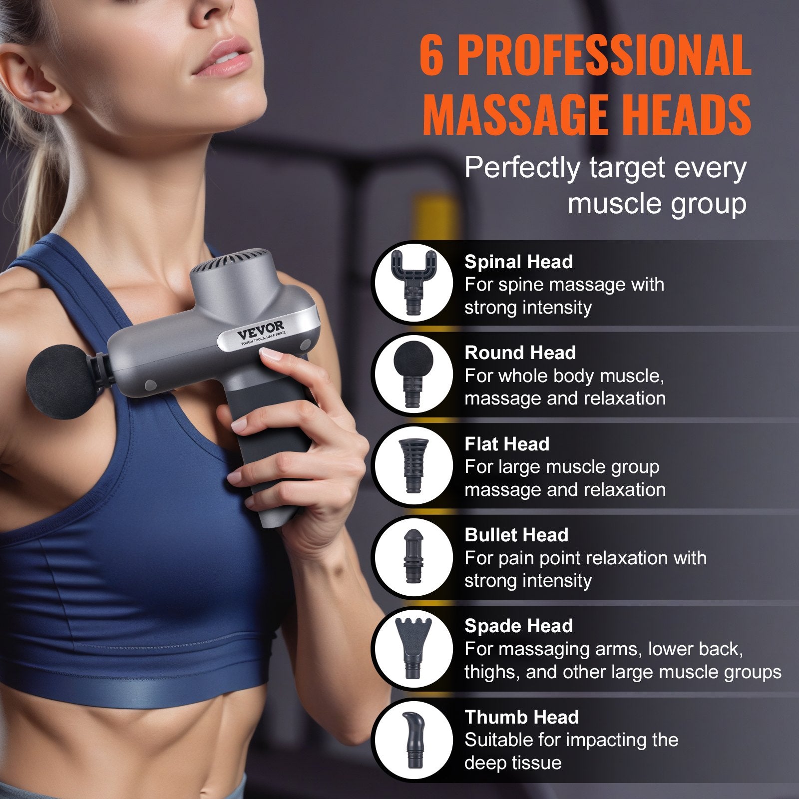 Massagers: VEVOR Massage Gun Deep Tissue, Percussion Muscle Massager for Athletes - with 5 Speed Levels & 6 Massage Heads, 7.4V 2500mAh Batteries, Handheld Electric Massage Gun for Pain Relief, Muscle Relaxation