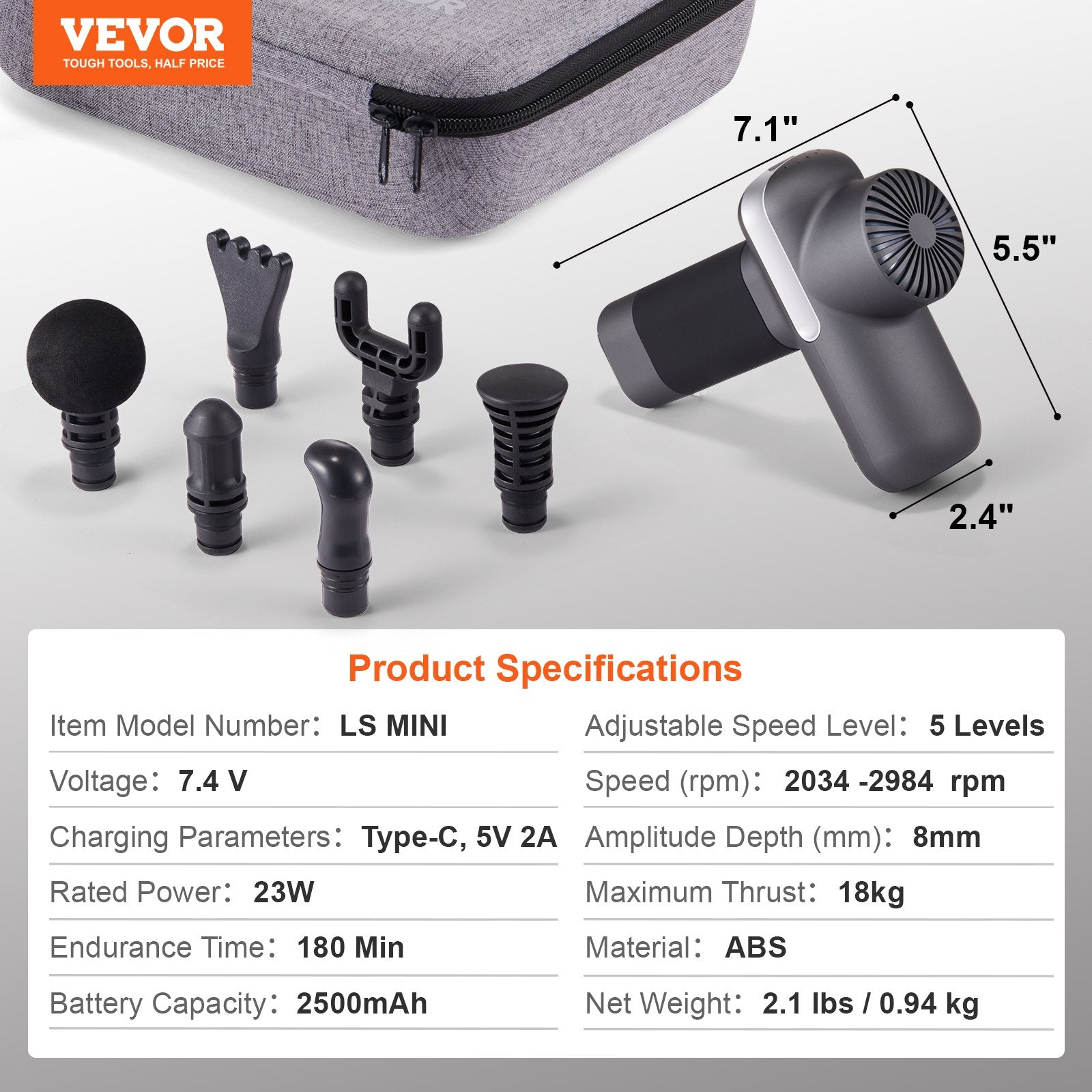 Massagers: VEVOR Massage Gun Deep Tissue, Percussion Muscle Massager for Athletes - with 5 Speed Levels & 6 Massage Heads, 7.4V 2500mAh Batteries, Handheld Electric Massage Gun for Pain Relief, Muscle Relaxation
