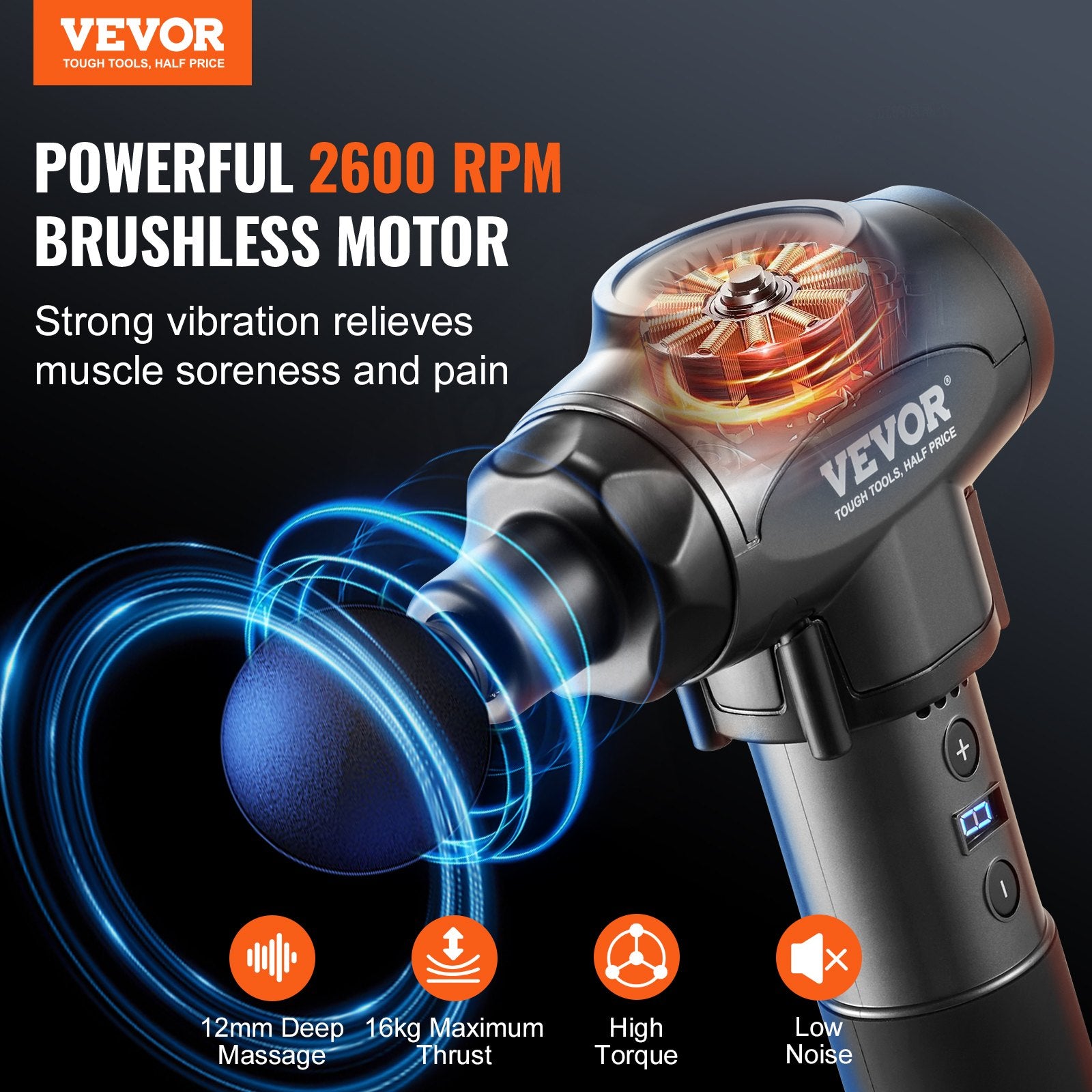 Massagers: VEVOR Massage Gun Deep Tissue, Percussion Muscle Massager for Athletes - with 9 Speed Levels & 6 Massage Heads, 24V 2500mAh Batteries, Handheld Electric Massage Gun for Pain Relief, Muscle Relaxation