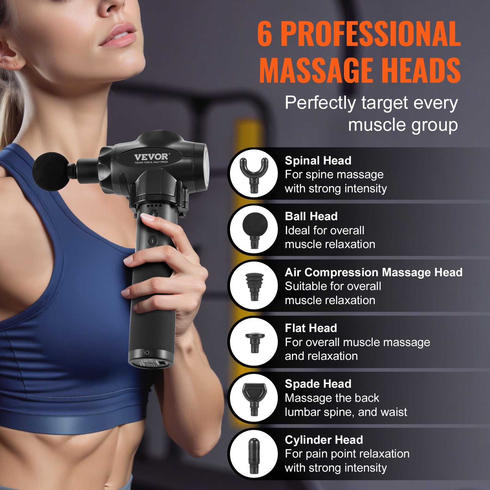 Massagers: VEVOR Massage Gun Deep Tissue, Percussion Muscle Massager for Athletes - with 9 Speed Levels & 6 Massage Heads, 24V 2500mAh Batteries, Handheld Electric Massage Gun for Pain Relief, Muscle Relaxation