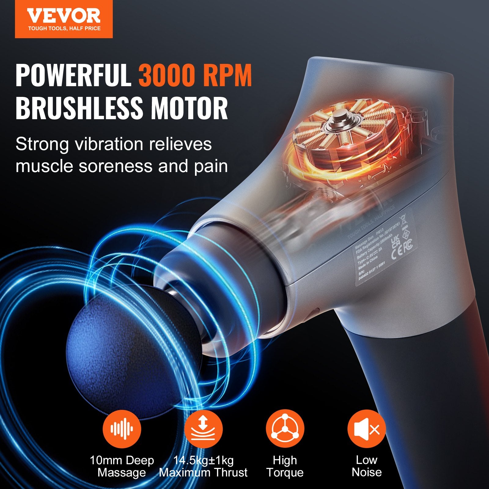 Massagers: VEVOR Massage Gun Deep Tissue, Percussion Muscle Massager for Athletes - with 6 Speed Levels & 4 Massage Heads, 12V 2500mAh Batteries, Handheld Electric Massage Gun for Pain Relief, Muscle Relaxation