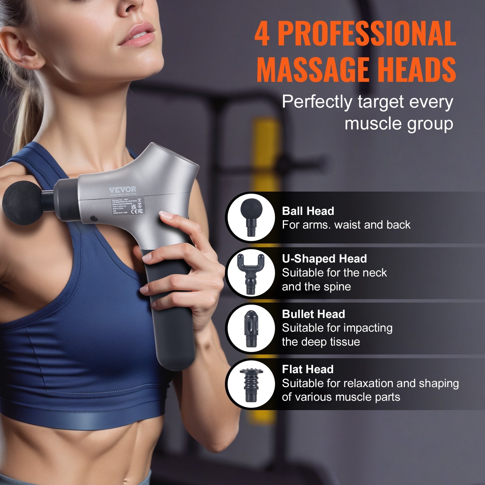 Massagers: VEVOR Massage Gun Deep Tissue, Percussion Muscle Massager for Athletes - with 6 Speed Levels & 4 Massage Heads, 12V 2500mAh Batteries, Handheld Electric Massage Gun for Pain Relief, Muscle Relaxation