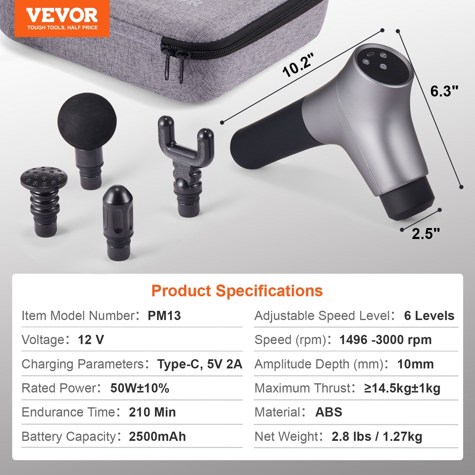 Massagers: VEVOR Massage Gun Deep Tissue, Percussion Muscle Massager for Athletes - with 6 Speed Levels & 4 Massage Heads, 12V 2500mAh Batteries, Handheld Electric Massage Gun for Pain Relief, Muscle Relaxation
