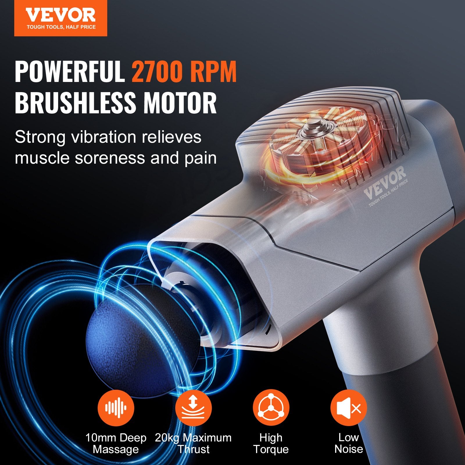 Massage Gun Deep Tissue, Percussion Muscle Massager for Athletes - with 8 Speed Levels & 6 Massage Heads, 16V 2500mAh Batteries, Handheld Electric Massage Gun for Pain Relief, Muscle Relaxation