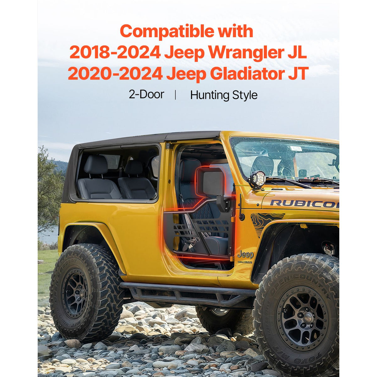 Jeep Tube Doors, 2-Door, Hunting Style Jeep Tubular Door with Heavy-Duty Hinges & OE Latch, Jeep Doors with Rear View Mirrors, Fit for 2018-2024 Jeep Wrangler JL & 2020-2024 Jeep Gladiator JT