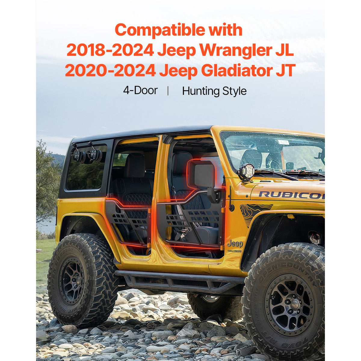 Jeep Tube Doors, 4-Door, Hunting Style Jeep Tubular Door with DOT Certified Rear View Mirrors, Jeep Doors with Rear Mirrors for 2018-2024 Jeep Wrangler JL & 2020-2024 Jeep Gladiator JT