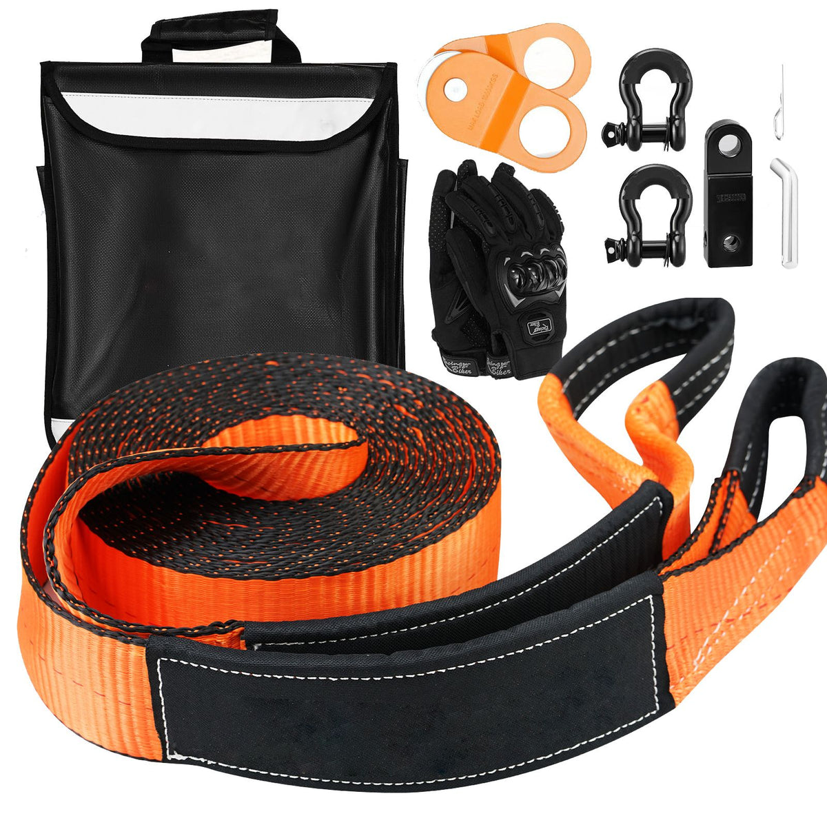 Off-Road Recovery Kit, 7.6 x 914.4 cm, Heavy Duty Winch Recovery Kit with 13608 kg Tow Straps, 20T D-Ring Shackles, Shackle Receiver, Snatch Block Pulley, Gloves, Storage Bag for ATV Jeep Truck