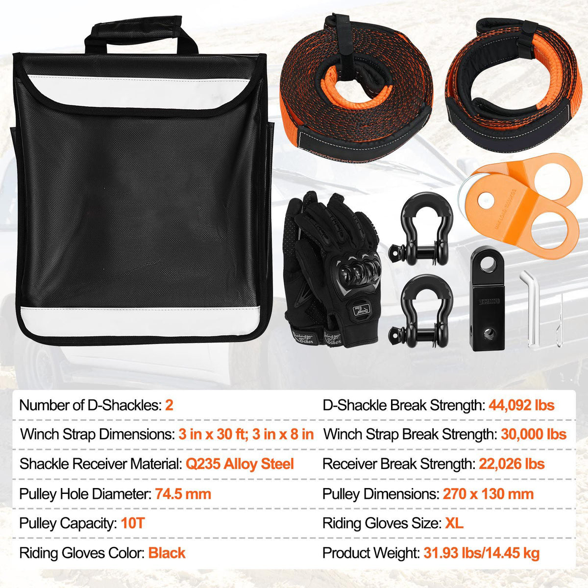 Off-Road Recovery Kit, 7.6 x 914.4 cm, Heavy Duty Winch Recovery Kit with 13608 kg Tow Straps, 20T D-Ring Shackles, Shackle Receiver, Snatch Block Pulley, Gloves, Storage Bag for ATV Jeep Truck