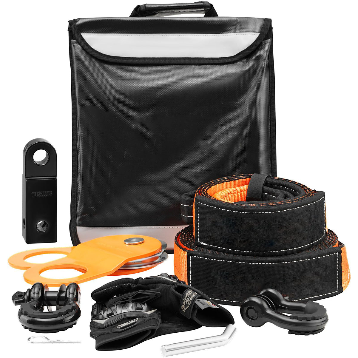 Off-Road Recovery Kit, 7.6 x 914.4 cm, Heavy Duty Winch Recovery Kit with 13608 kg Tow Straps, 20T D-Ring Shackles, Shackle Receiver, Snatch Block Pulley, Gloves, Storage Bag for ATV Jeep Truck