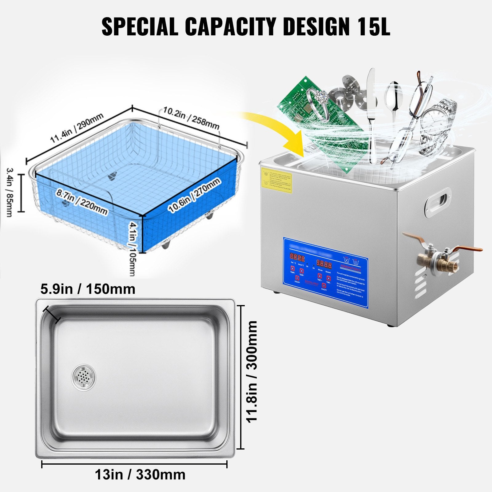 Jewellery Cleaners: Vevor Powerful Stainless Steel 13.5-15 L Liters Ultrasonic Cleaner 360W Digital Heater Timer