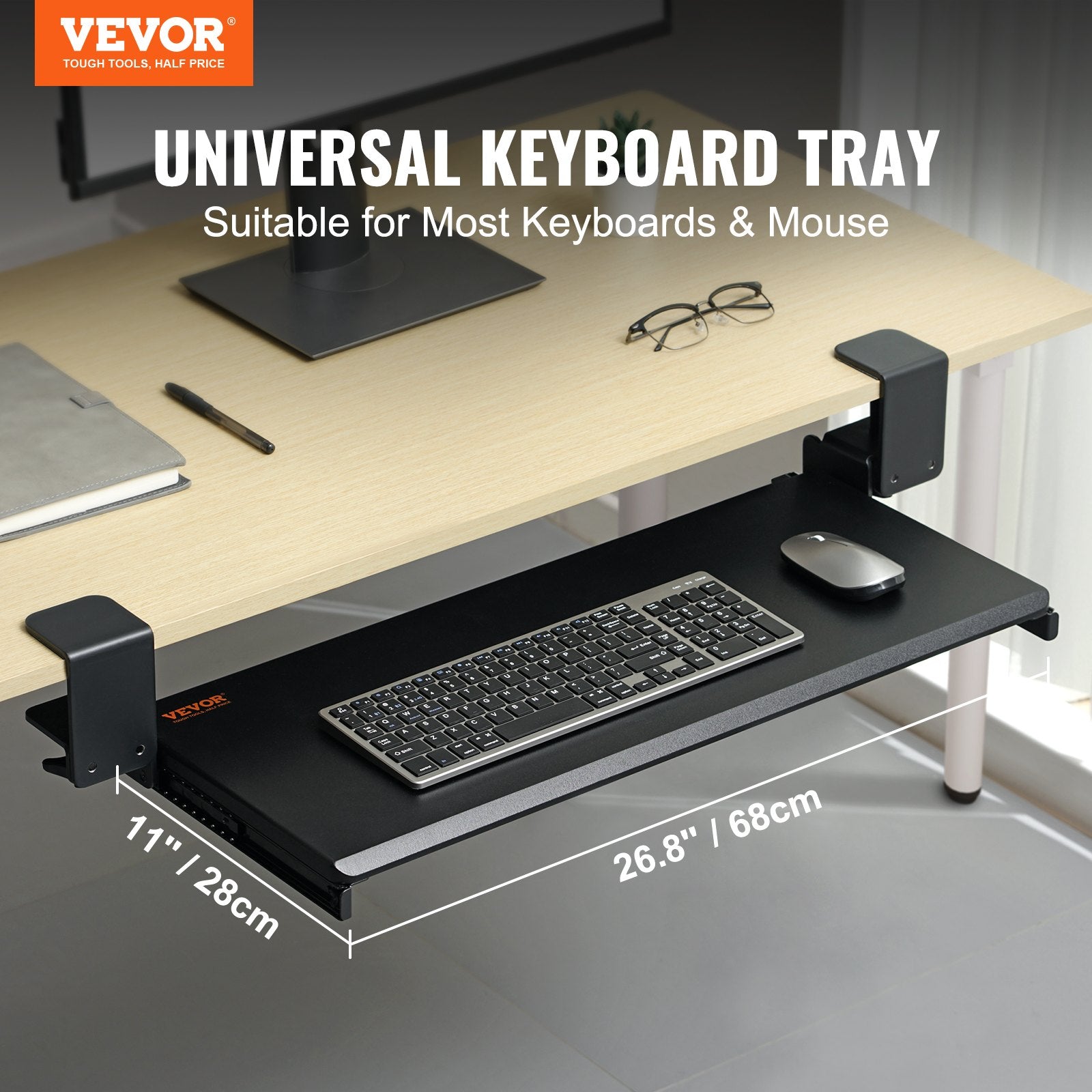 Desk Accessories: VEVOR Clamp on Keyboard Tray Under Desk, Desk Keyboard Tray Slide out with Sturdy No-drill C Clamp Mount, Large 26.8 x 11 inch Slide-out Computer Drawer for Typing in Home, Office Work