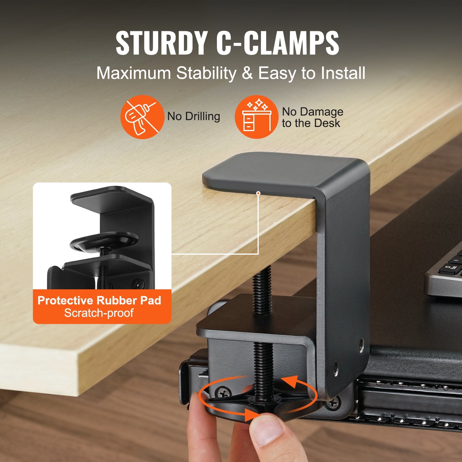 Desk Accessories: VEVOR Clamp on Keyboard Tray Under Desk, Desk Keyboard Tray Slide out with Sturdy No-drill C Clamp Mount, Large 26.8 x 11 inch Slide-out Computer Drawer for Typing in Home, Office Work