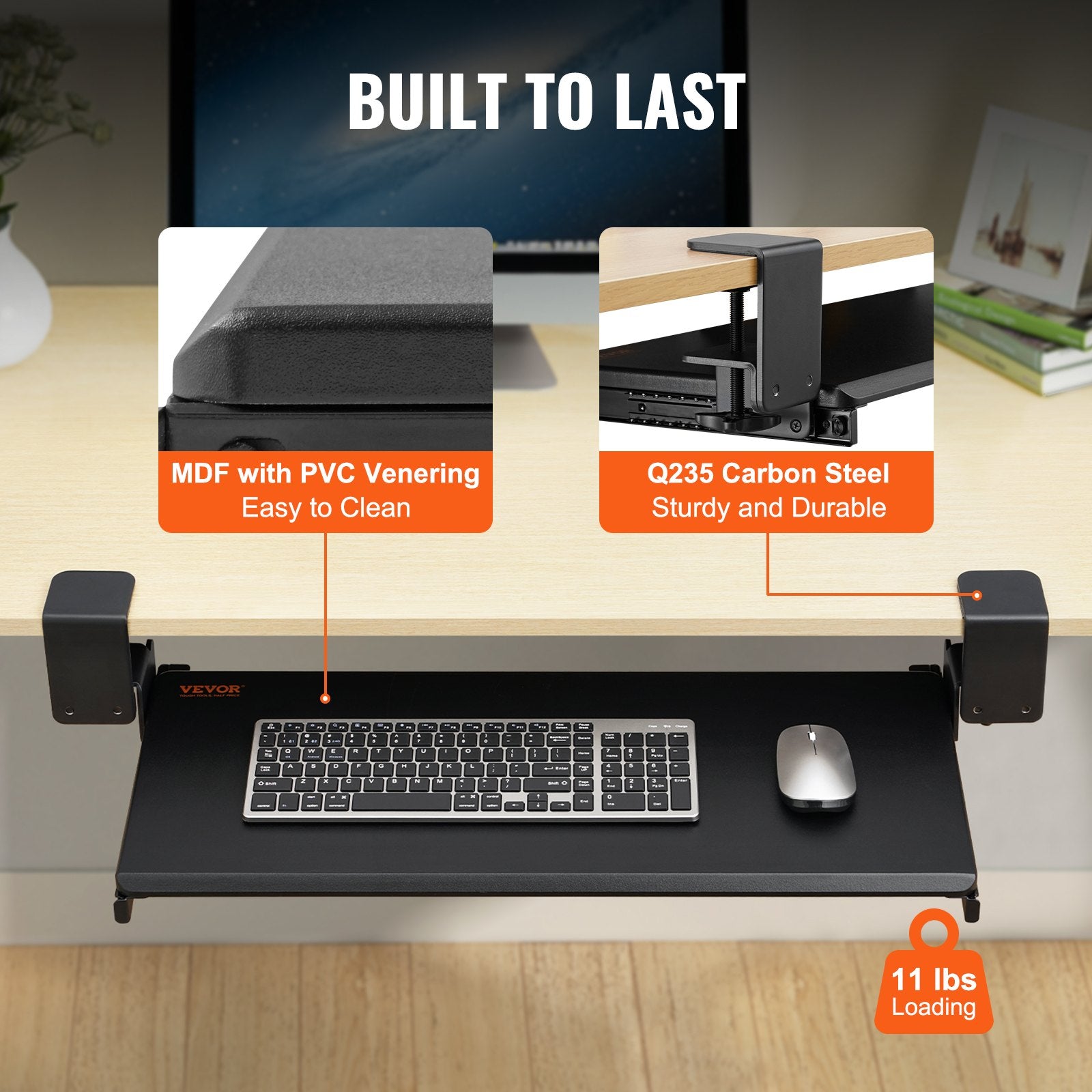 Desk Accessories: VEVOR Clamp on Keyboard Tray Under Desk, Desk Keyboard Tray Slide out with Sturdy No-drill C Clamp Mount, Large 26.8 x 11 inch Slide-out Computer Drawer for Typing in Home, Office Work