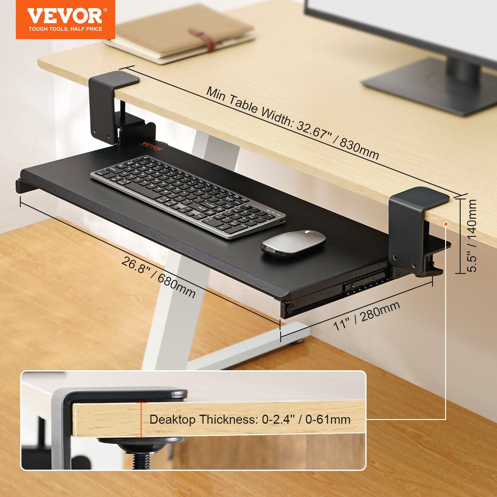 Desk Accessories: VEVOR Clamp on Keyboard Tray Under Desk, Desk Keyboard Tray Slide out with Sturdy No-drill C Clamp Mount, Large 26.8 x 11 inch Slide-out Computer Drawer for Typing in Home, Office Work