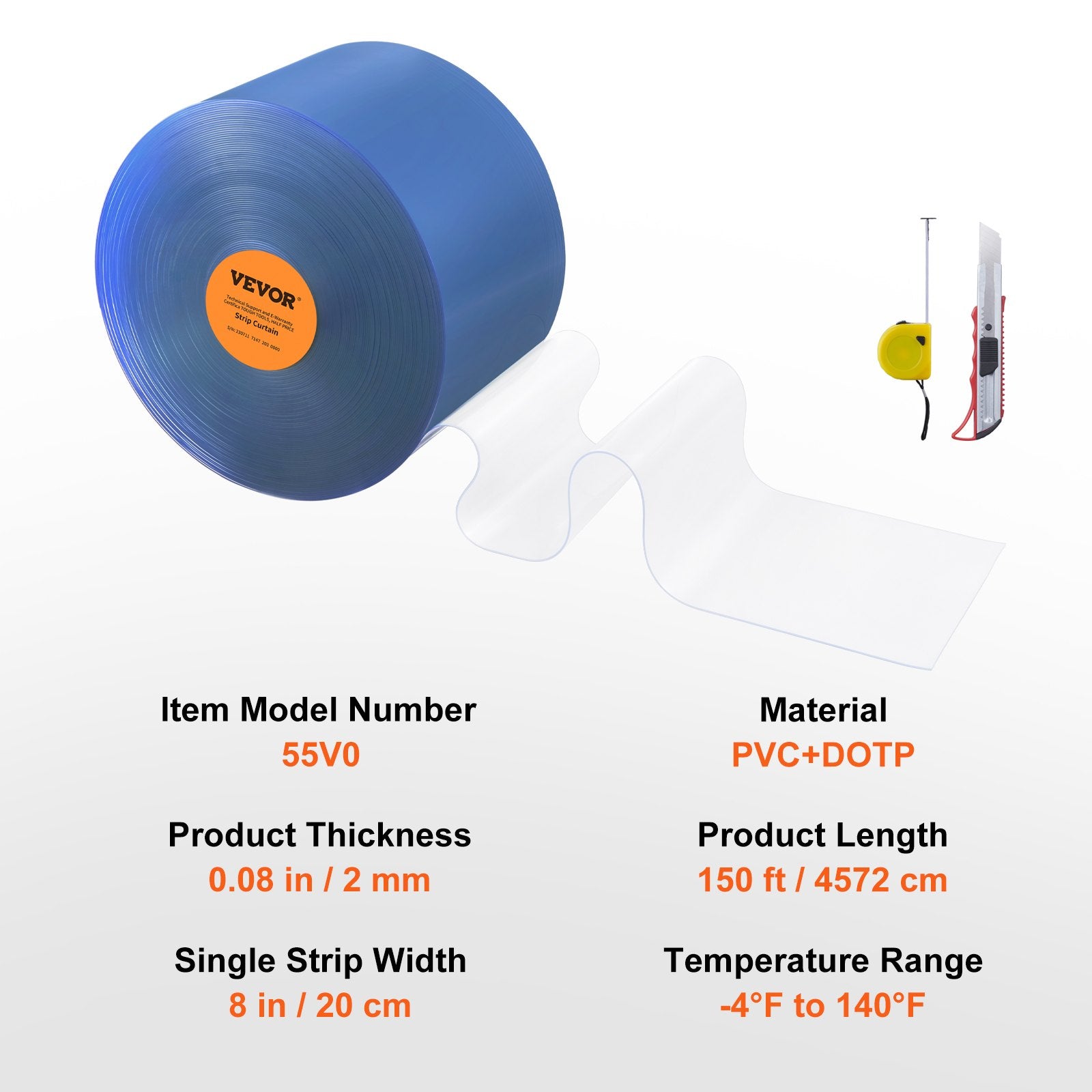 Strip Curtain, 150' Length x 8" Width x 0.08" Thickness, Clear PVC Smooth Curtain Strip Door Bulk Roll, Plastic Door Strips for Doorways of Supermarket, Garage, Warehouse, Barn, Pet Animal House