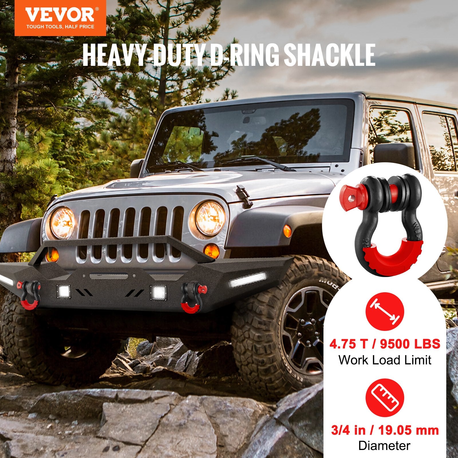 Rowing Boats: VEVOR D-Ring Shackle, 2 Pack 19.05 mm Alloy Steel Shackles 28.5 Ton Break Strength with 22 mm Screw Pin, Isolators & Washers Kit, Heavy Duty Off Road Vehicle Recovery Shackle for Jeep Truck, Black