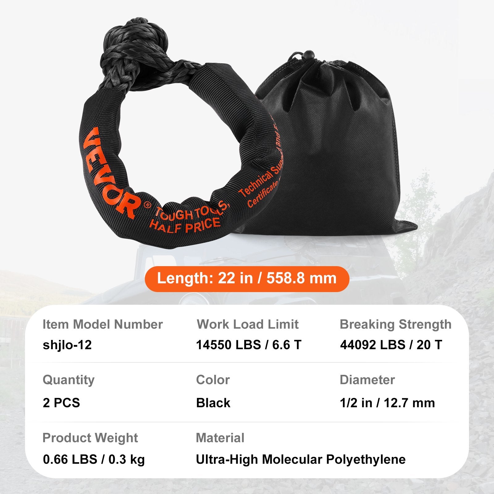 Bicycle Stands & Storage: VEVOR Synthetic Soft Shackle Rope, 2 Pack 12.7 x 558.8 mm 20 Ton Breaking Strength, Recovery Tow Shackles with Extra 2 Sleeves and Storage Bag for UTV, ATV, Trucks, Jeep, Off-Road Vehicles, Black