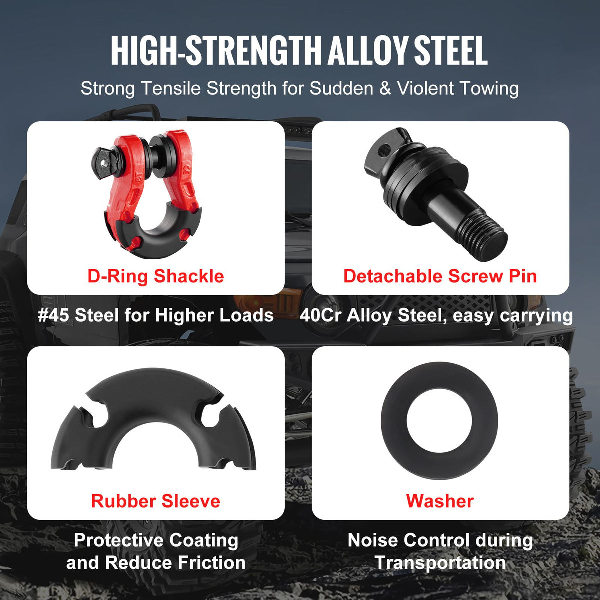 D-Ring Shackle, 2 Pack 19.05 mm Alloy Steel Shackles 30 Ton Break Strength with 22 mm Screw Pin, Isolators & Washers Kit, Heavy Duty Off Road Vehicle Recovery Shackle for Jeep and Truck, Red