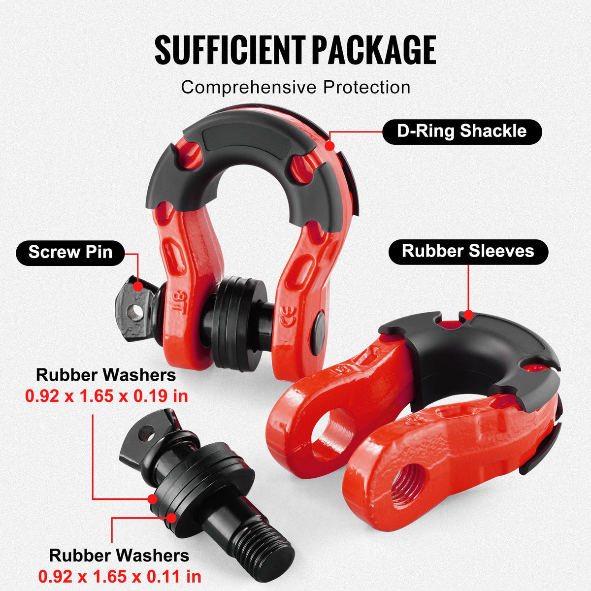 D-Ring Shackle, 2 Pack 19.05 mm Alloy Steel Shackles 30 Ton Break Strength with 22 mm Screw Pin, Isolators & Washers Kit, Heavy Duty Off Road Vehicle Recovery Shackle for Jeep and Truck, Red